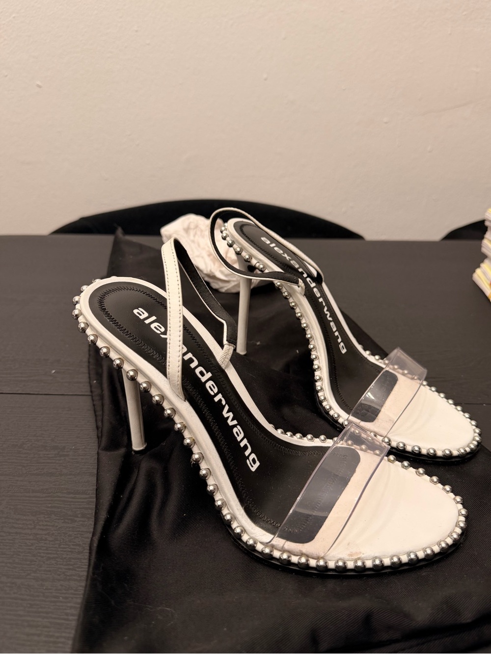 Alexander Wang White Pearl-Trim Clear-Strap Slingback Heels